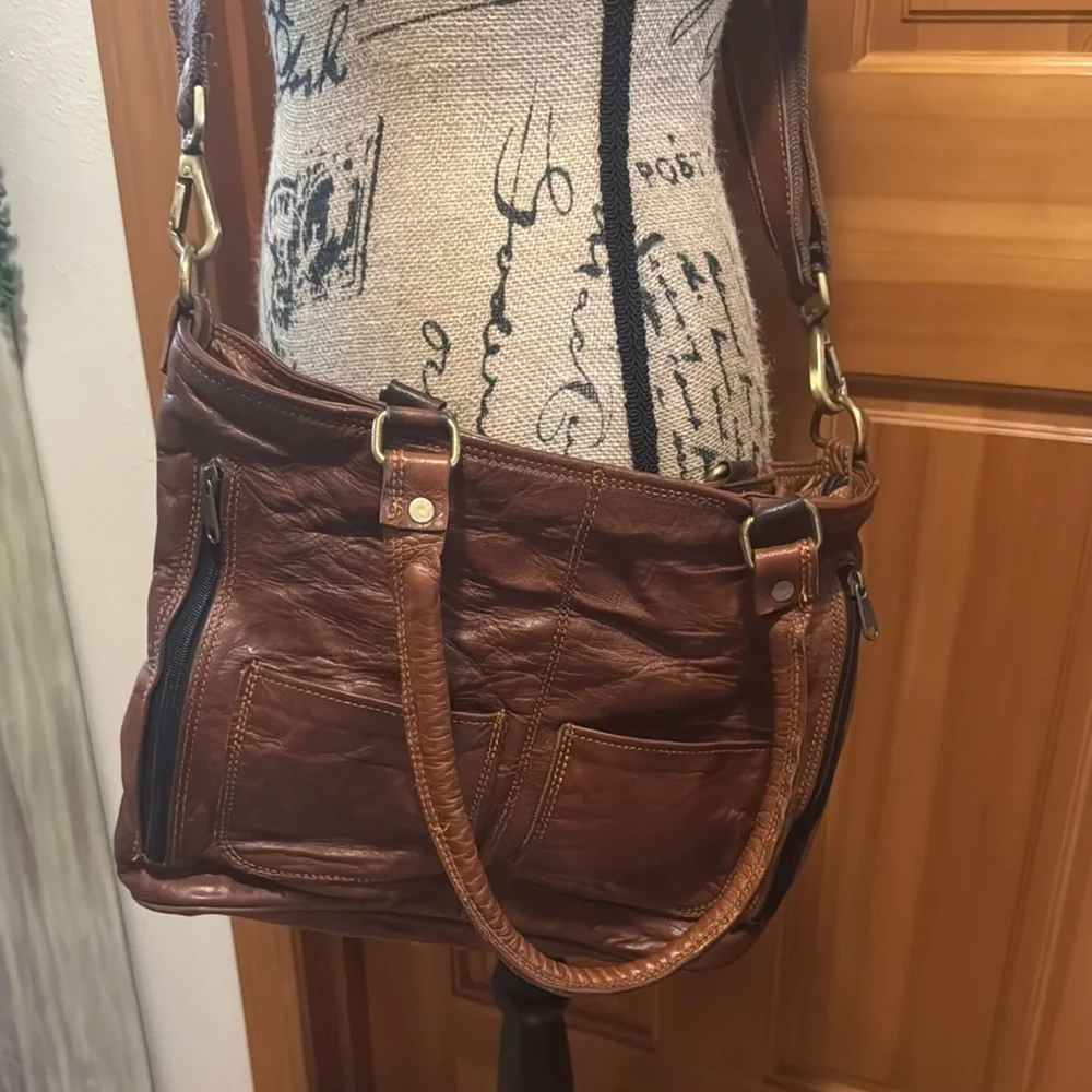 Goats Leather Tote Handbag Brown Shoulder Bag with cross body strap